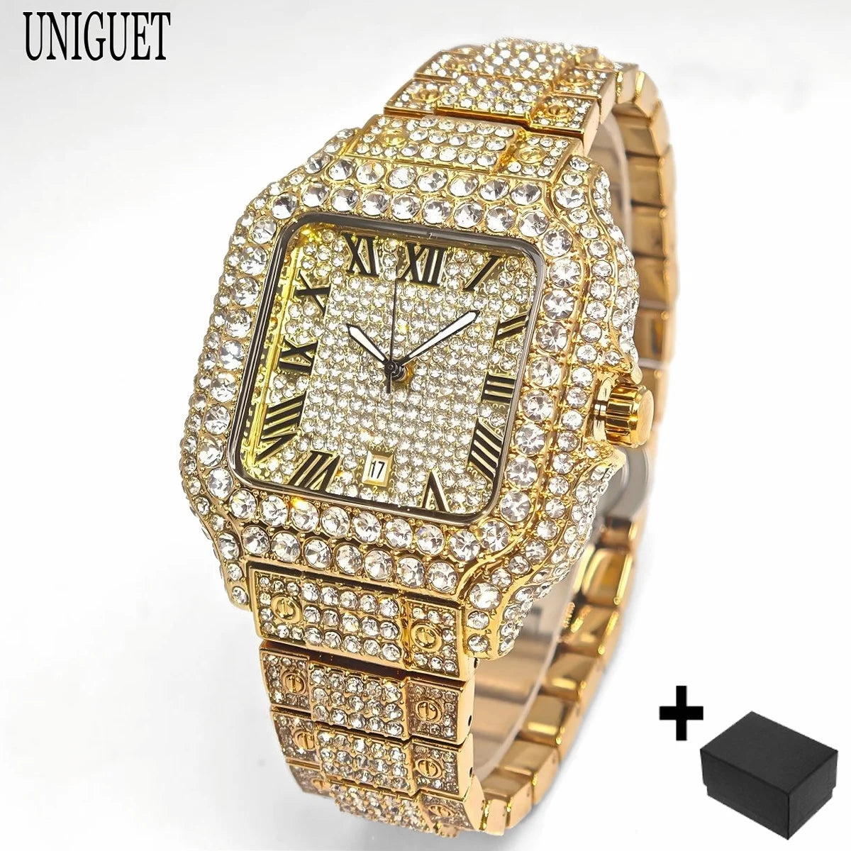 UNIGUET Hot Sale Luxury Iced Watch for Man Fashion Square Watches Men Hip Hop Diamond Bling Jewelry Wristwatch Reloj Hombre