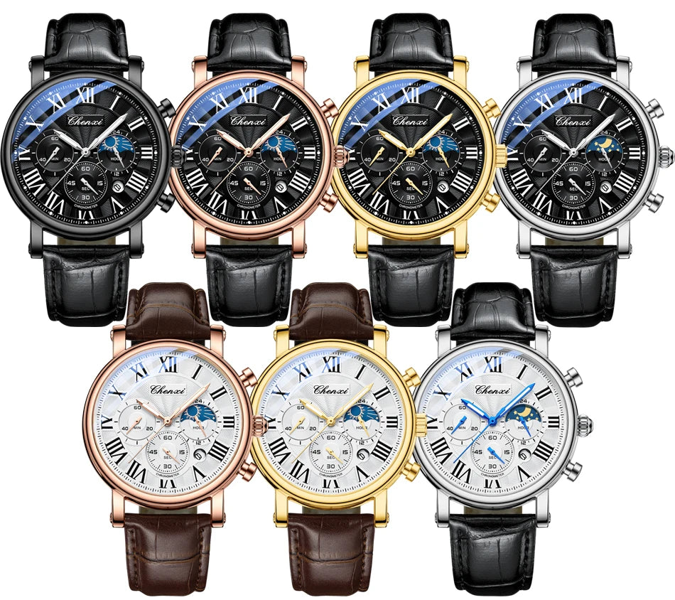 CHENXI Multifunction Men's Watches Business Roman Numerals Leather Strap Quartz Man Watch Chronograph Moon Phase Calendar