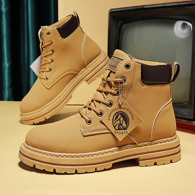 High Top Boots Men's Leather Shoes Fashion Motorcycle Ankle Boots for Men Winter Boots Man Shoes Lace-Up Botas Men Flat Sneakers