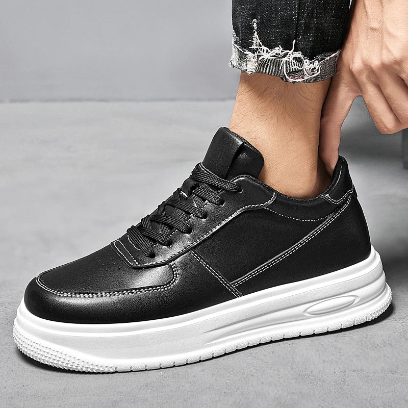British Style Casual Leather Men's Vulcanized Shoes Fashion Low Top Thick Bottom Antiskid Sneakers Genuine Leather Board Shoes