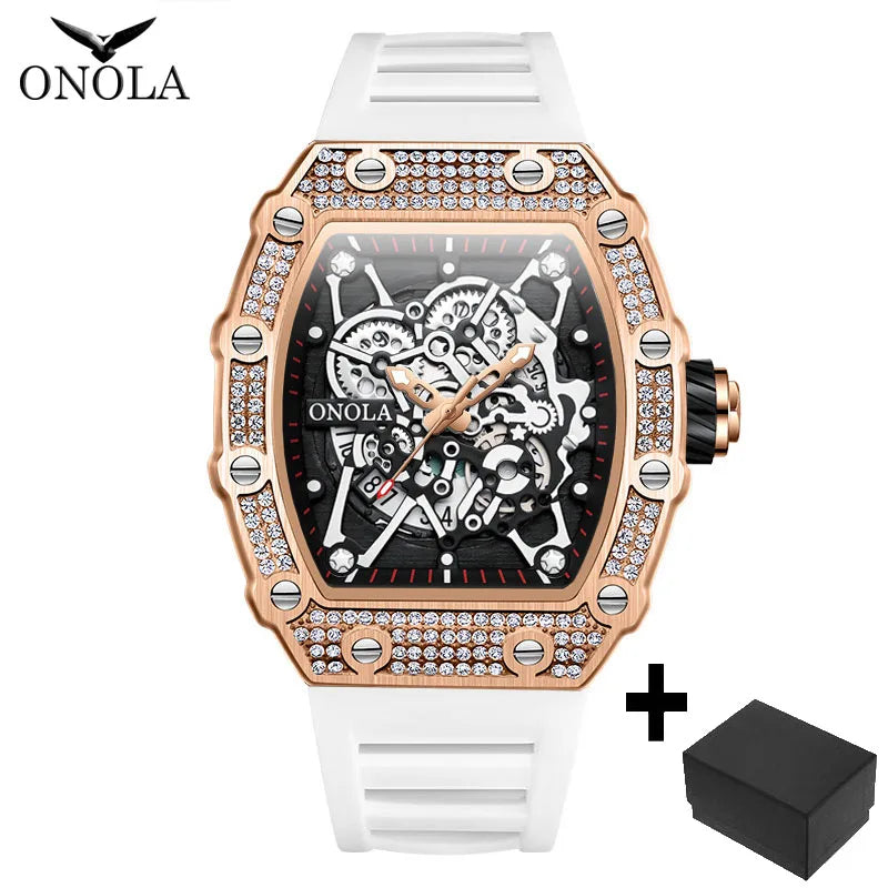 ONOLA Fashion Watch For Men Automatic Date Sports Silicone Strap Tonneau Clock Iced Diamond Quartz WristWatch Reloj Dropshipping