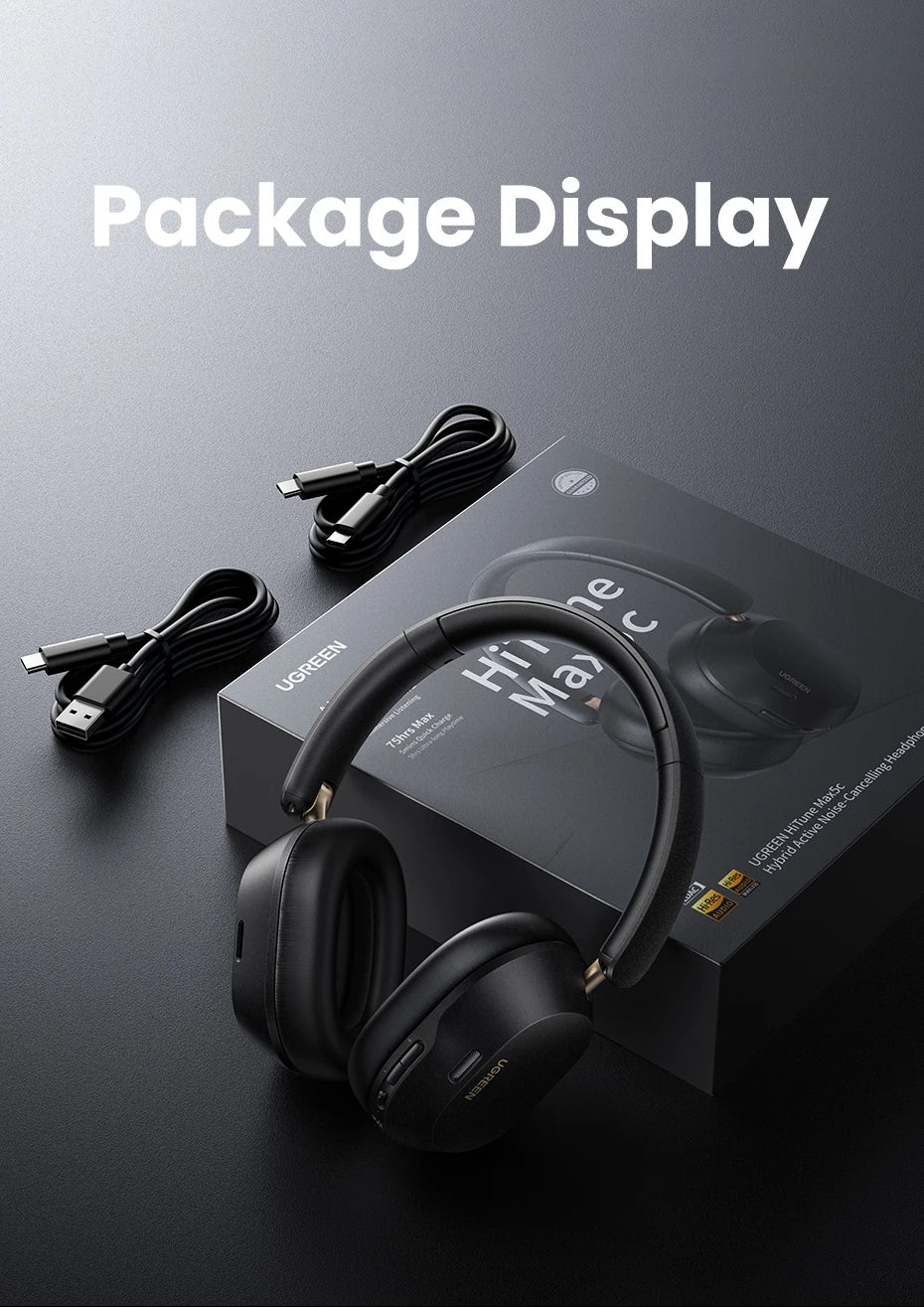 UGREEN Max5c Wireless Bluetooth Headphones 43dB Hybrid Active Noise Cancellation Hi-Res LDAC 75H Spatial Audio Earbuds Headset