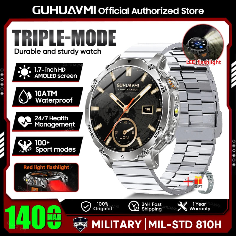 2026 New Military Smart Watch Men 1400mAh Battery 1.7-Inch AMOLED Sport GPS Track Bluetooth Call Rate Smartwatch For Android IOS