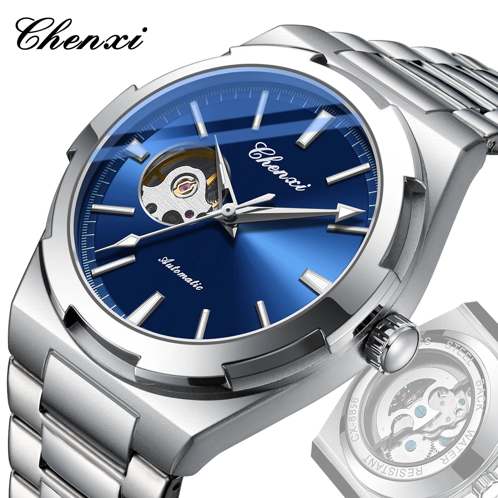 New Mens Watch Mechanical Wristwatches Stainless Steel Fashion Sports Waterproof Watches for Men Hollow Out Automatic Movement