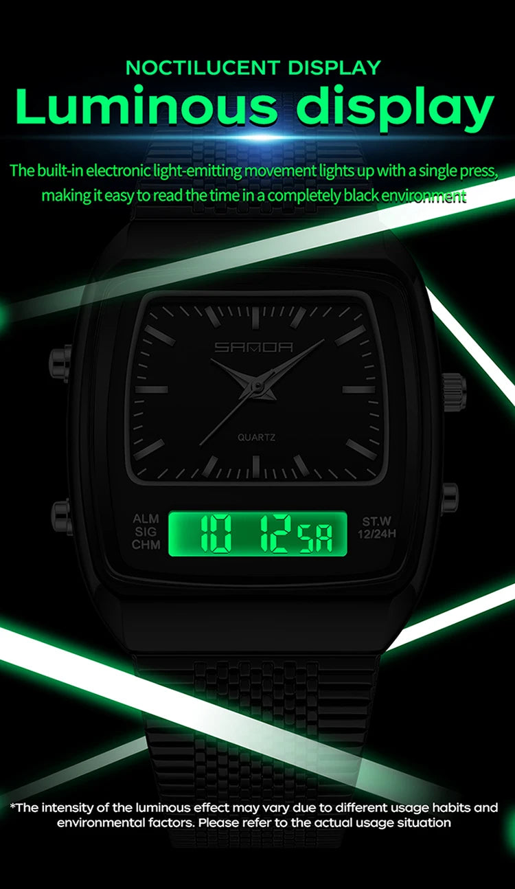 SANDA Outdoor Dual Display Men's Watch Luminous Waterproof TPU Strap Large Dial Chronograph Calendar Sports Wristwatch