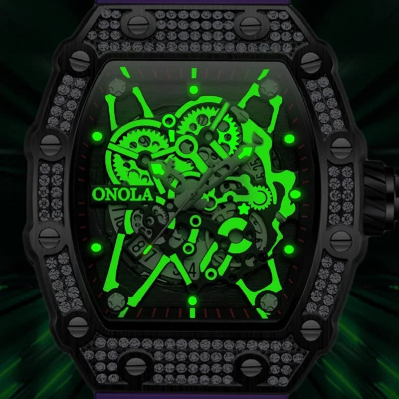 ONOLA Fashion Watch For Men Automatic Date Sports Silicone Strap Tonneau Clock Iced Diamond Quartz WristWatch Reloj Dropshipping