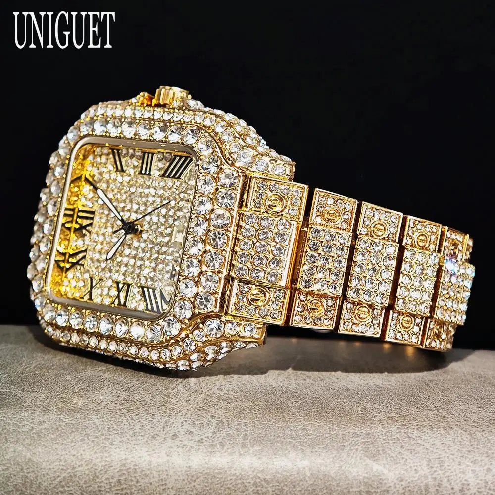 UNIGUET Hot Sale Luxury Iced Watch for Man Fashion Square Watches Men Hip Hop Diamond Bling Jewelry Wristwatch Reloj Hombre
