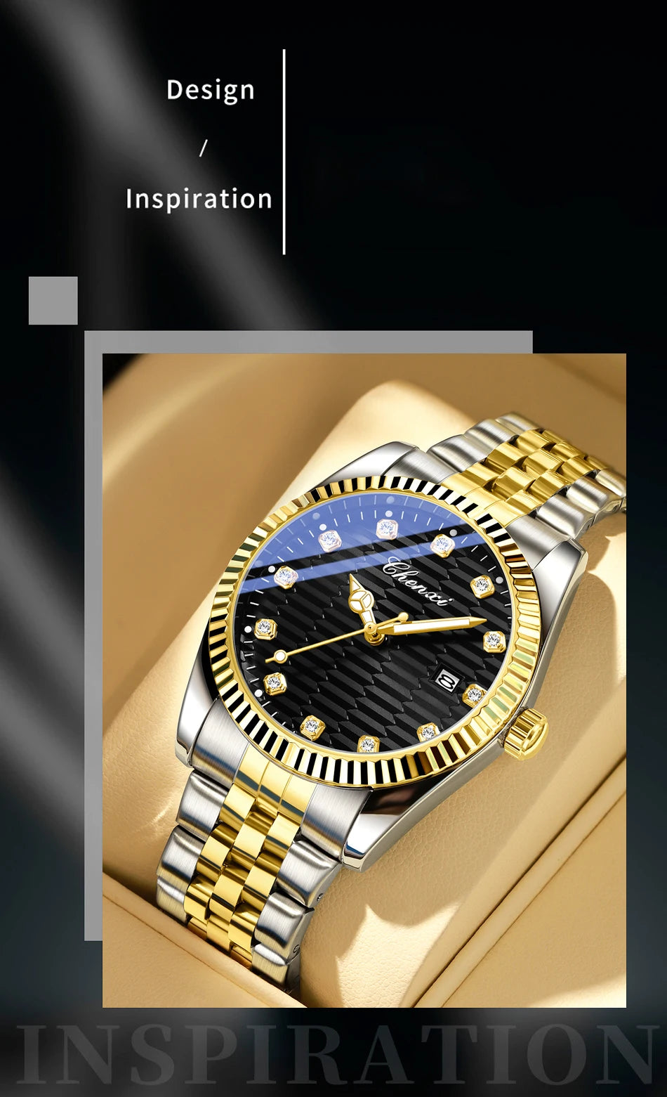 CHENXI Man Watch Classic Fashion Gold Quartz Steel Strap Watches Men Diamond-Set Round Luminous Water-Resistant Date