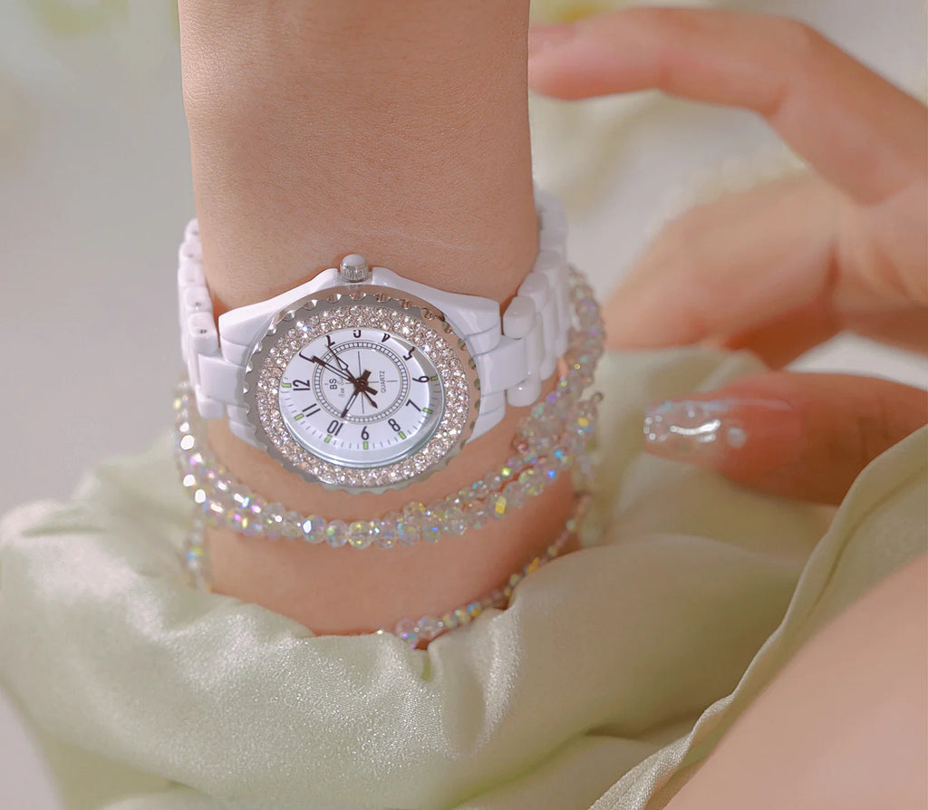 New Fashion Women Quartz Watch Ceramic Strap Clock Silver Diamond Wristwatch for Girl Student Relogio Feminino Dress Gifts