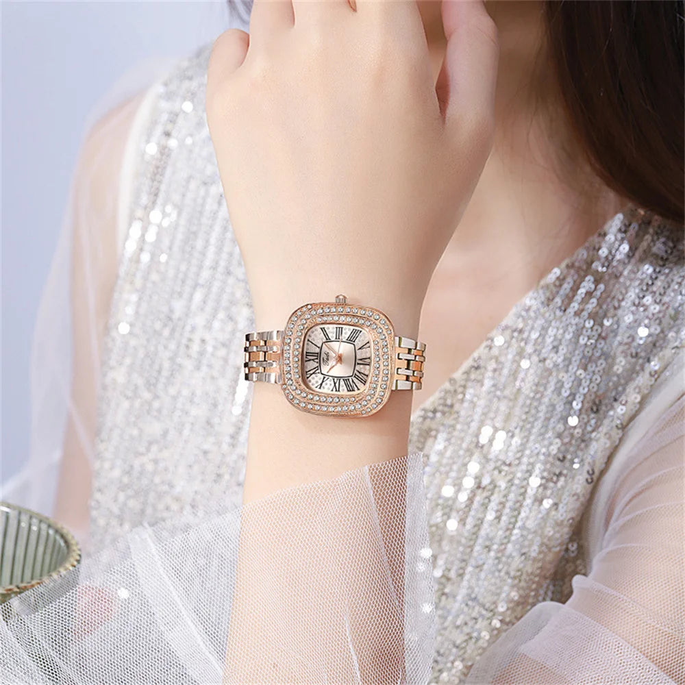 Ladies 2024 Square Roman Star Quartz Watch with Diamonds Stainless Steel Business Woman Clock Gift Wristwatch