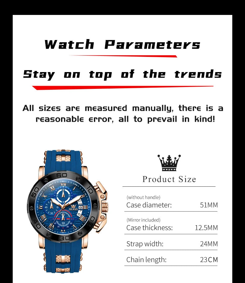 OLEVS 51mm Large Dial Quartz Watch for Men Silicone Strap Waterproof Luminous Auto Date Chrono Roman Numeral Scale Men's Watches