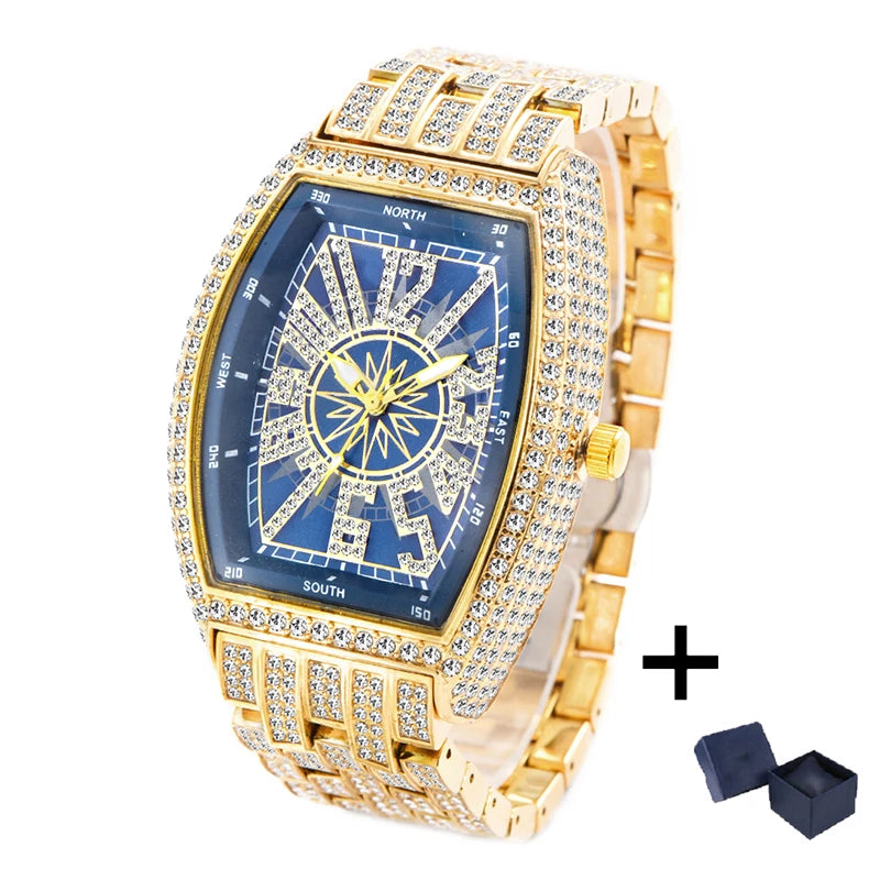 Luxury Gold Watches Men Brand MISSFOX Fashion Hip Hop lce Diamond Sun Pattern Literal Quartz Wristwatch Male Dropshipping Hot