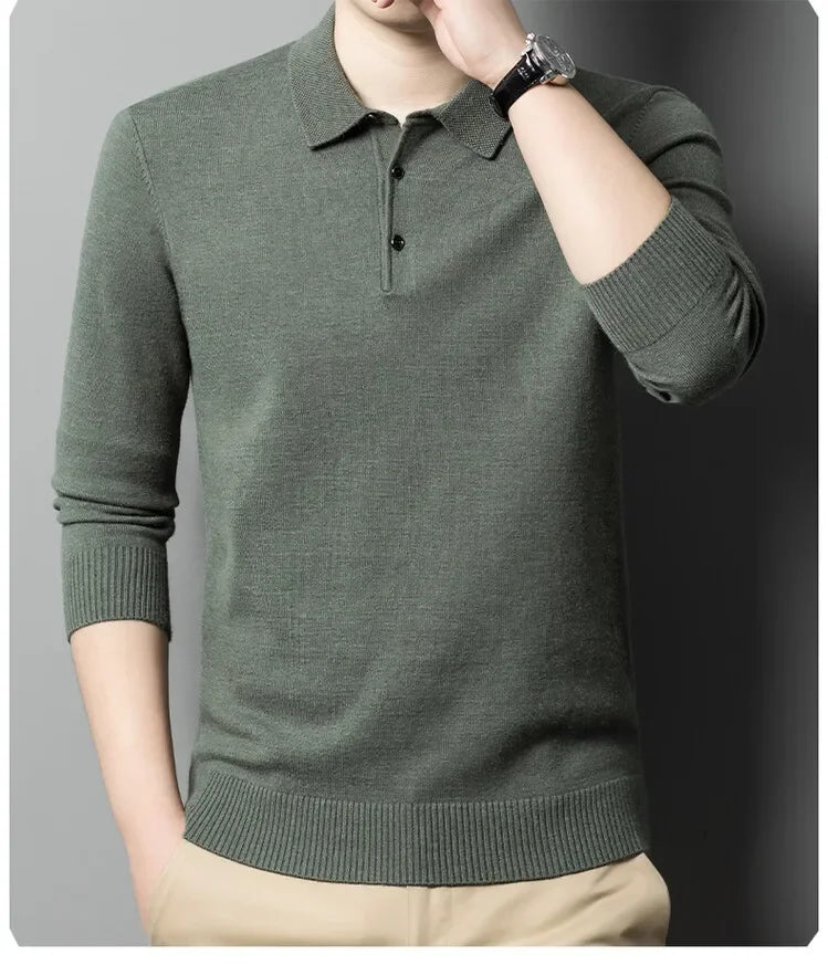 Autumn and Winter New Warm Soft Pullover Men's Business Lapel Knitwear Casual Solid Color Long Sleeve Polo Shirt Office