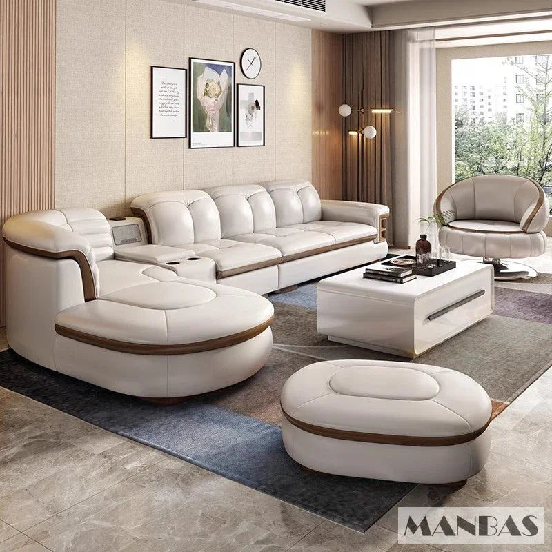 MANBAS Luxury L-Shaped Genuine Leather Sectional Sofa Sets with USB, Bluetooth Speaker - Living Room Italian Leather Couches