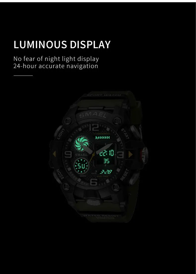SMAEL Quartz Watch Sport 50M Waterproof Stopwatch Week Display LED Digital Alarm Clock Male 8055 Men Watches Sports Wristwatches