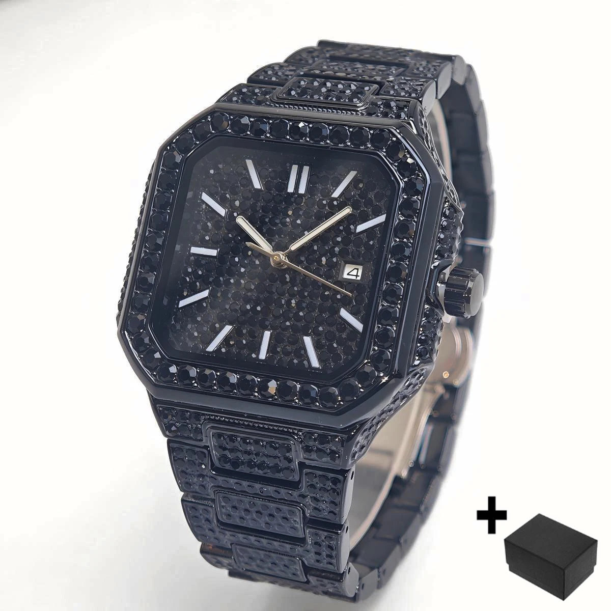 2025 New Black Iced Watch For Men Brand UNIGUET Fashion Waterproof Quartz Watch Man Hip Hop Diamond Jewelry Square Wristwatch