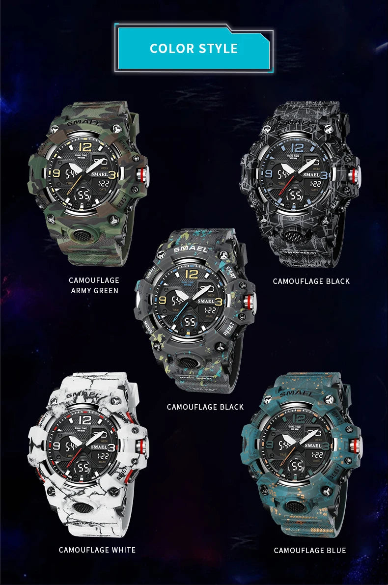 Sport Watch Military Watch For Men Alarm Clock Stopwatch LED Digital Back Light Dual Time Display 8008 Men's Watches Waterproof