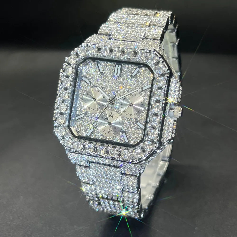 MISSFOX Luxury Diamond Watch for Men Hip Hop Style BlingBling Iced Out Wristwatch Fashion Gold Square Waterproof Clock 2025