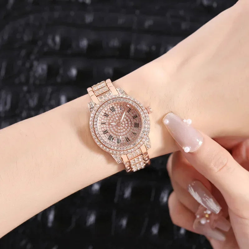 Fashion Luxury Rhinestone Watch Women Sparkling Quartz Timepiece with Stainless Steel Strap Wristwatch Roman Scale Quartz Watch