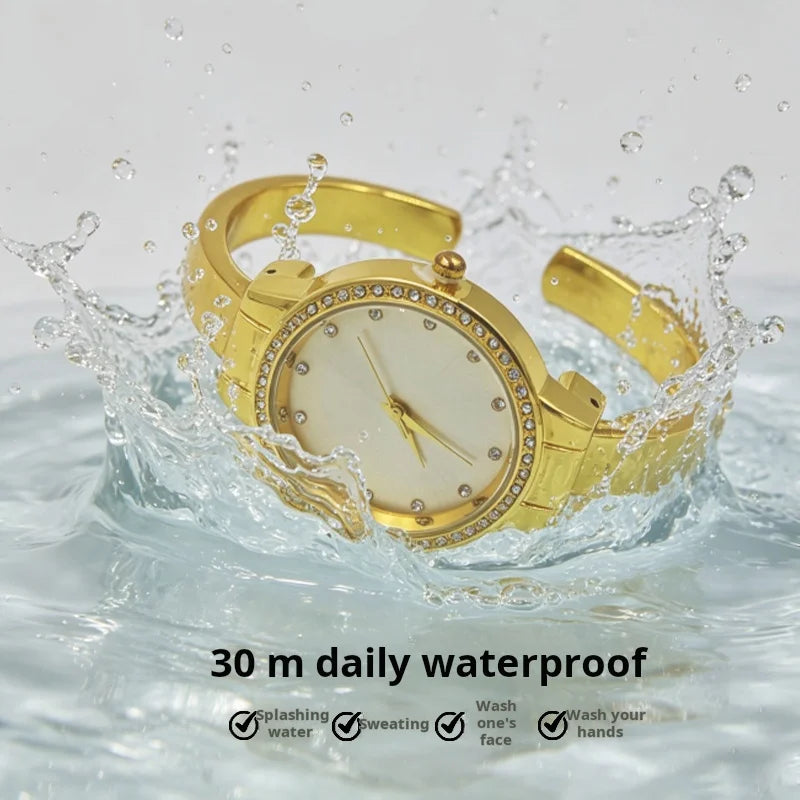 Fashionable Women's Watch Diamond-Set Round Classic Bangle Watch with Rhinestone Markers—Simple Elegant Luxe-Style Quartz Watch