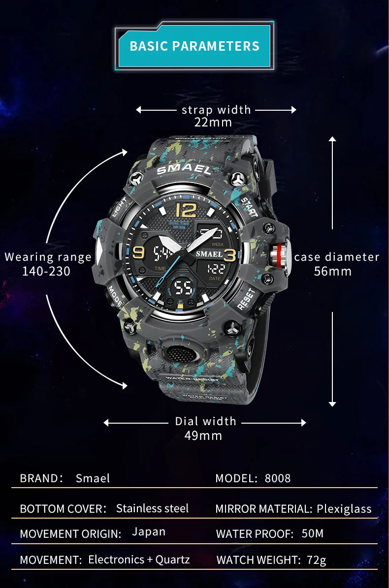 Sport Watch Military Watch For Men Alarm Clock Stopwatch LED Digital Back Light Dual Time Display 8008 Men's Watches Waterproof