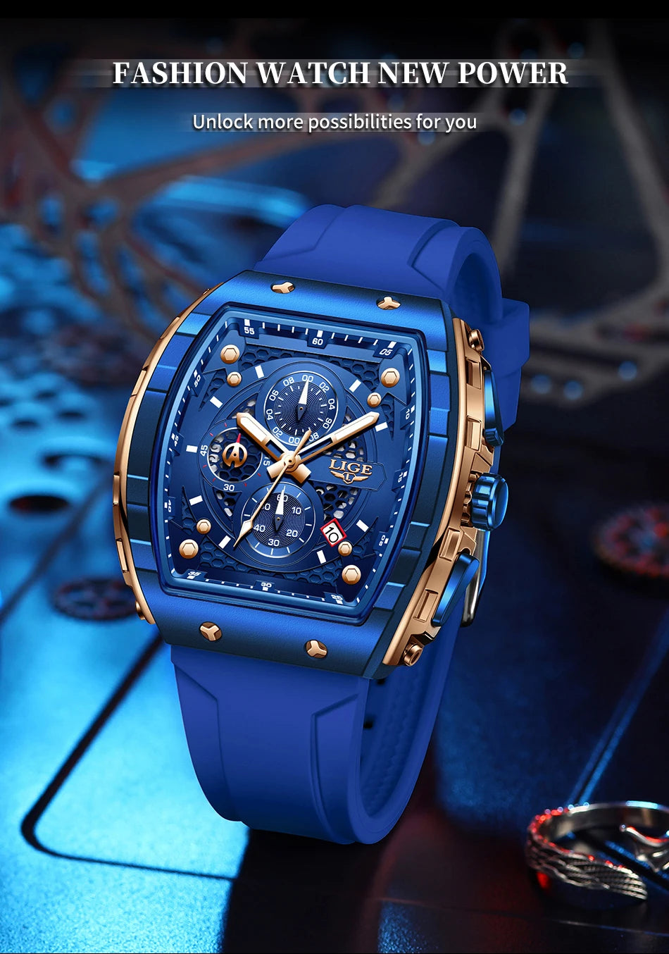 LIGE Man Watch Fashion Luxury Waterproof Silicone Strap Quartz Men's Watches Luminous Sports Auto Date Chronograph Simple Clocks