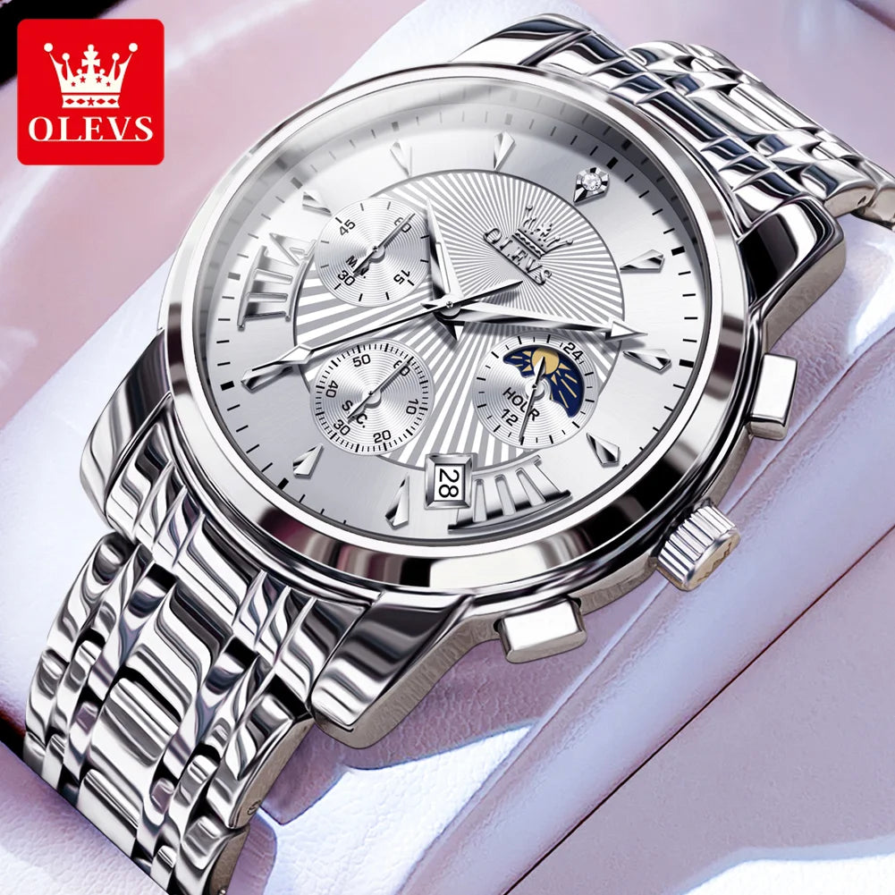OLEVS 2892 Men Watch Original Quartz Watch Luxury Waterproof Luminous Calendar Moon Phase Chronograph Business Sports Men Watch