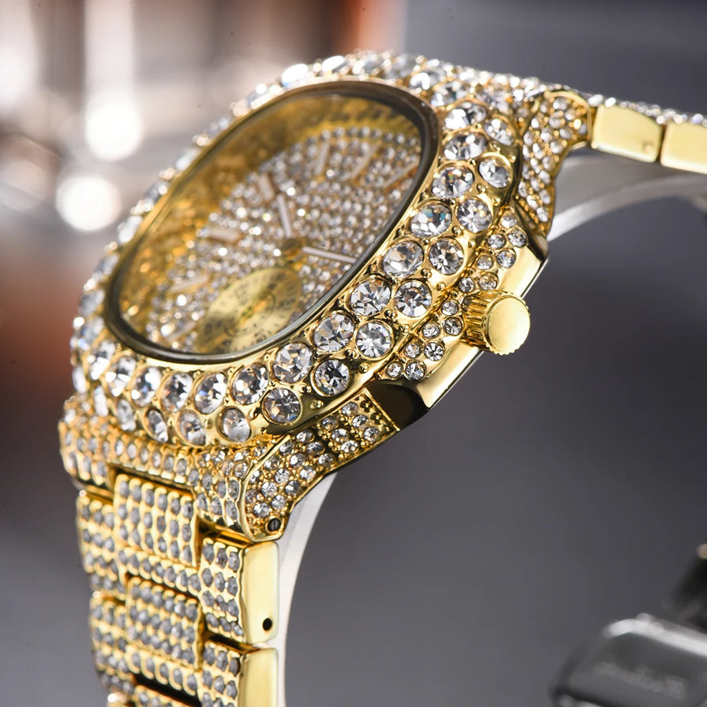 Hot Sell Luxury Iced Watch Mens Fashion Stainless Steel Gold Wristwatch Hip Hop Diamond Bling Jewelry Watch For Man Reloj Hombre