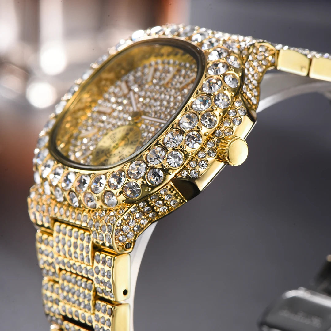 Hot Sell Luxury Iced Watch Mens Fashion Stainless Steel Gold Wristwatch Hip Hop Diamond Bling Jewelry Watch For Man Reloj Hombre