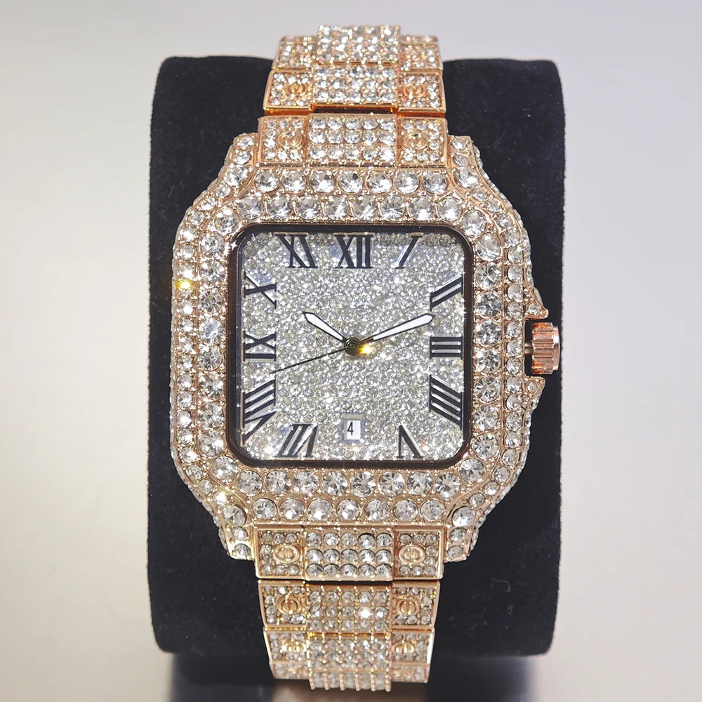 UNIGUET Cool Men's Watch Luxury Stainless Steel Quartz Watch Hip Hop Black Diamond Square Design Fashion Iced Wristwatch for Men