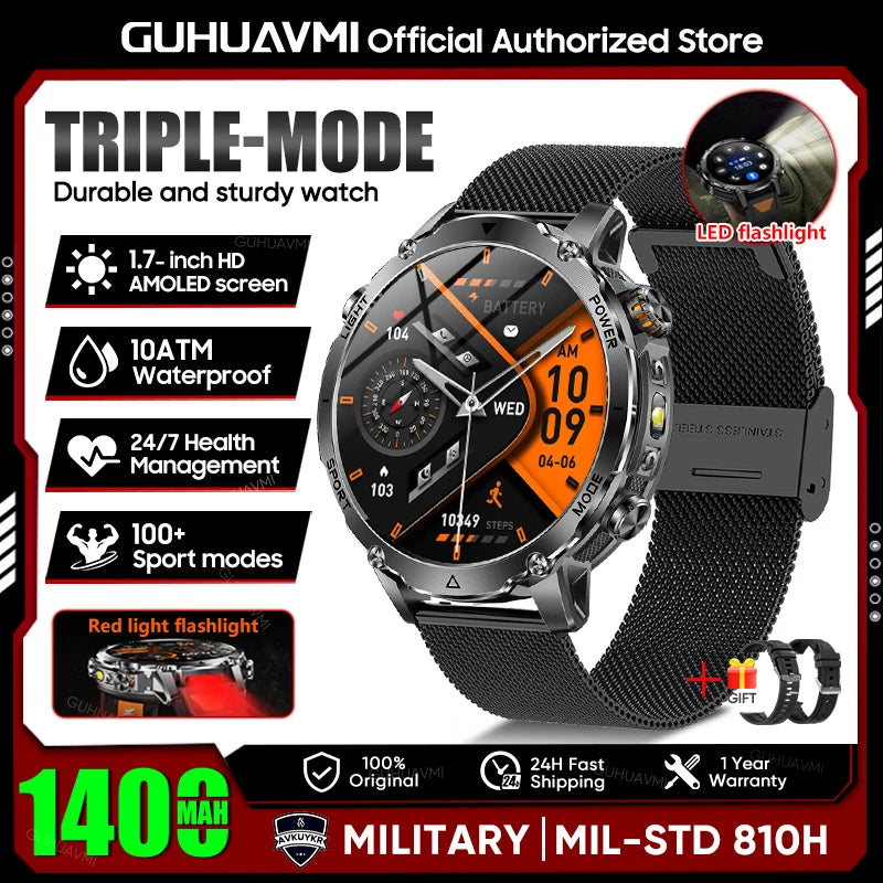 2026 New Military Smart Watch Men 1400mAh Battery 1.7-Inch AMOLED Sport GPS Track Bluetooth Call Rate Smartwatch For Android IOS