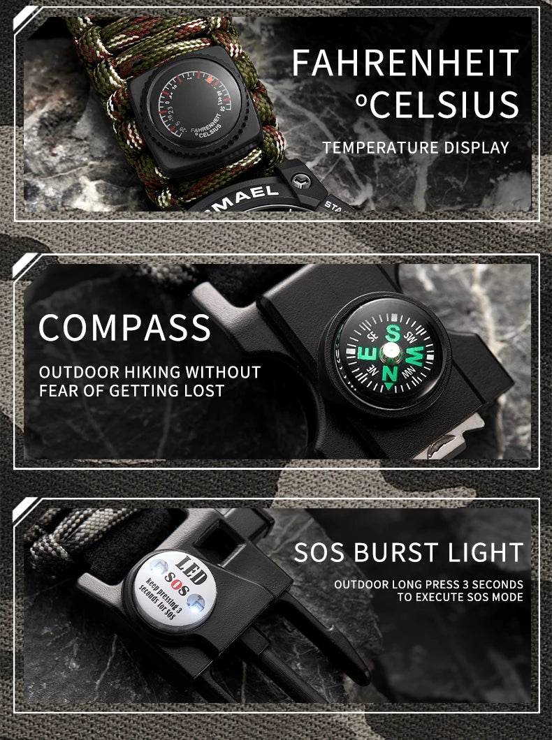 SMAEL 8008N Men's Military Sport Watch - 50M Waterproof LED Dual Time Alarm Stopwatch Compass SOS Shockproof