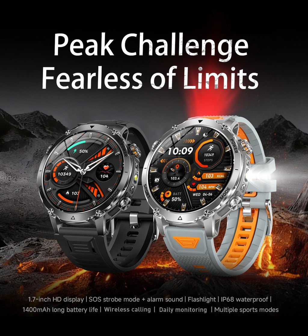 LIGE 2026 Military 1400mAh Battery Smart Watch Men Outdoor Flashlight IP68 Waterproof Heart Rate Bluetooth Call Sports Bracelet