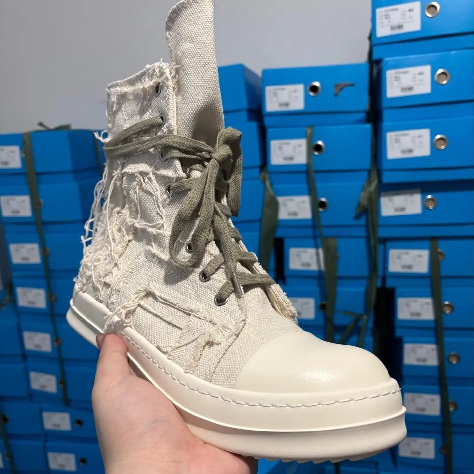 Brand Men Shoes Casual Canvas Distress Flats High to Ankle Boots Women Owens Vintage Original Luxury Designers Sneakers