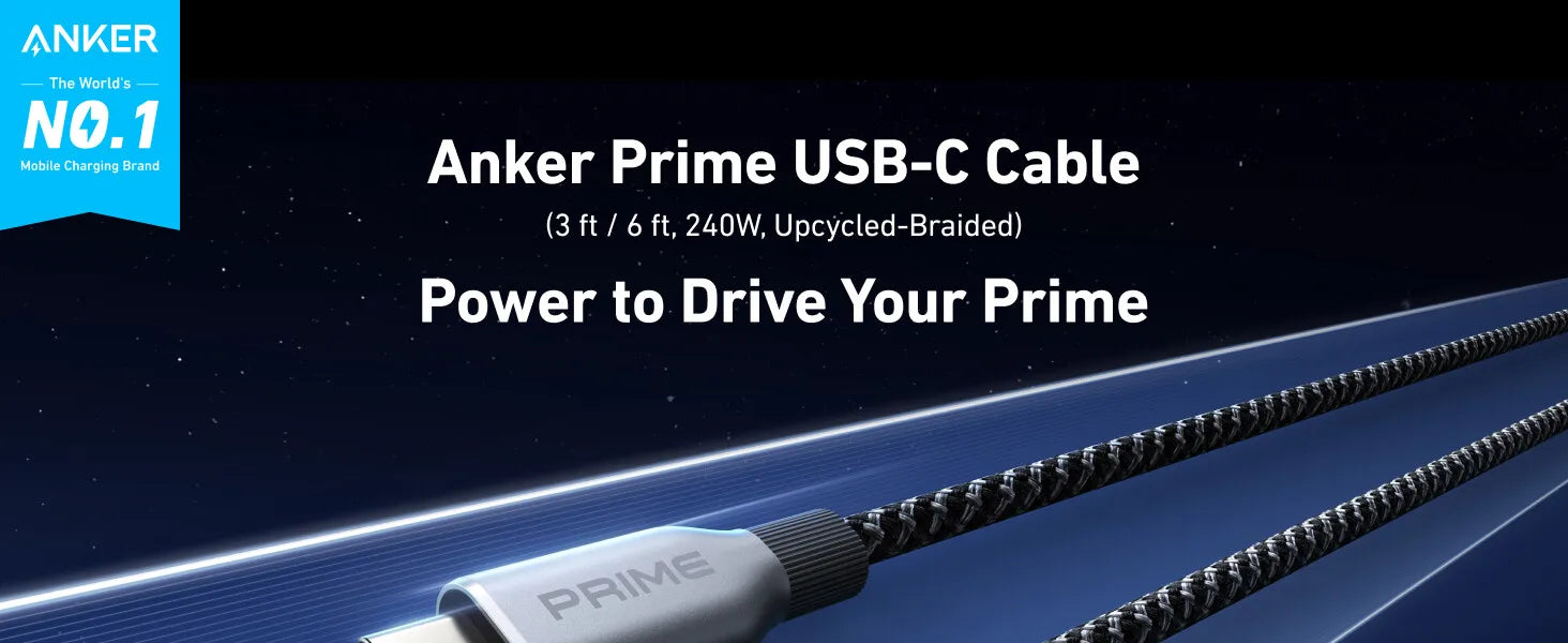 Anker Prime USB C To USB C Cable, 240W 6 Ft Fast Charging USB C Cable Upcycled-Braided Nylon with 100-Year Bend Durability