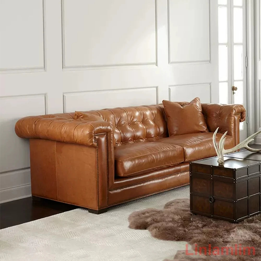 Classic Tufted Couch – Luxury Genuine Leather Chesterfield Sofa 3-Seater with Rolled Arms and Nailhead Trim, for Living Room