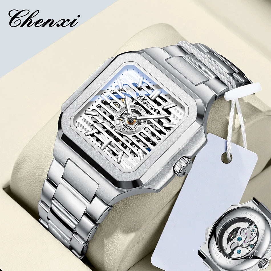 CHENXI Mechanical Men's Watch High-end Square Dial Men Watches Fully Automatic Hollow Wristwatches Male Gifts