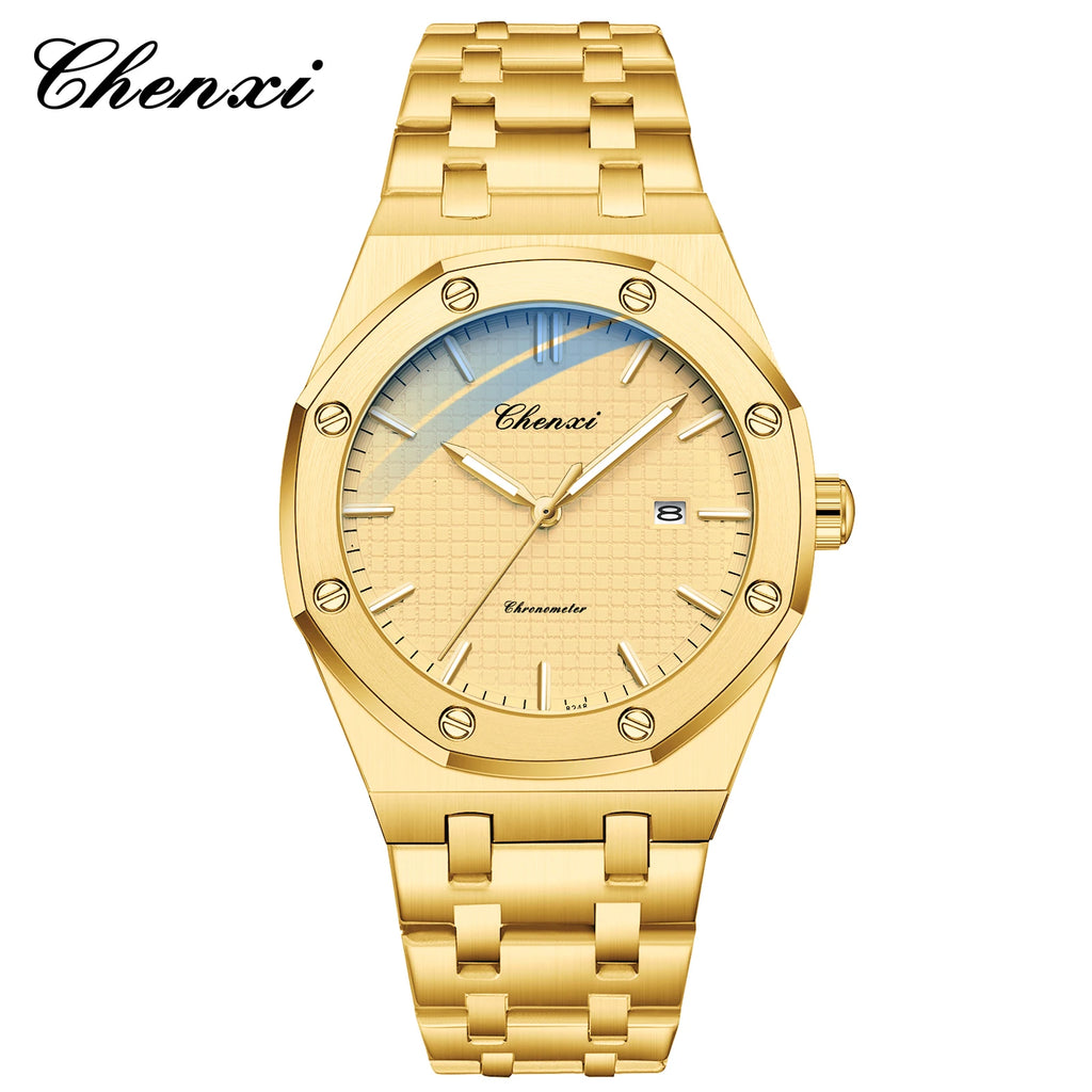 CHENXI NEW Men's Watches Fashion Casual Luminous Date Quartz Watch Male Clock Gifts 42mm Dial Gold Wristwatch Waterproof