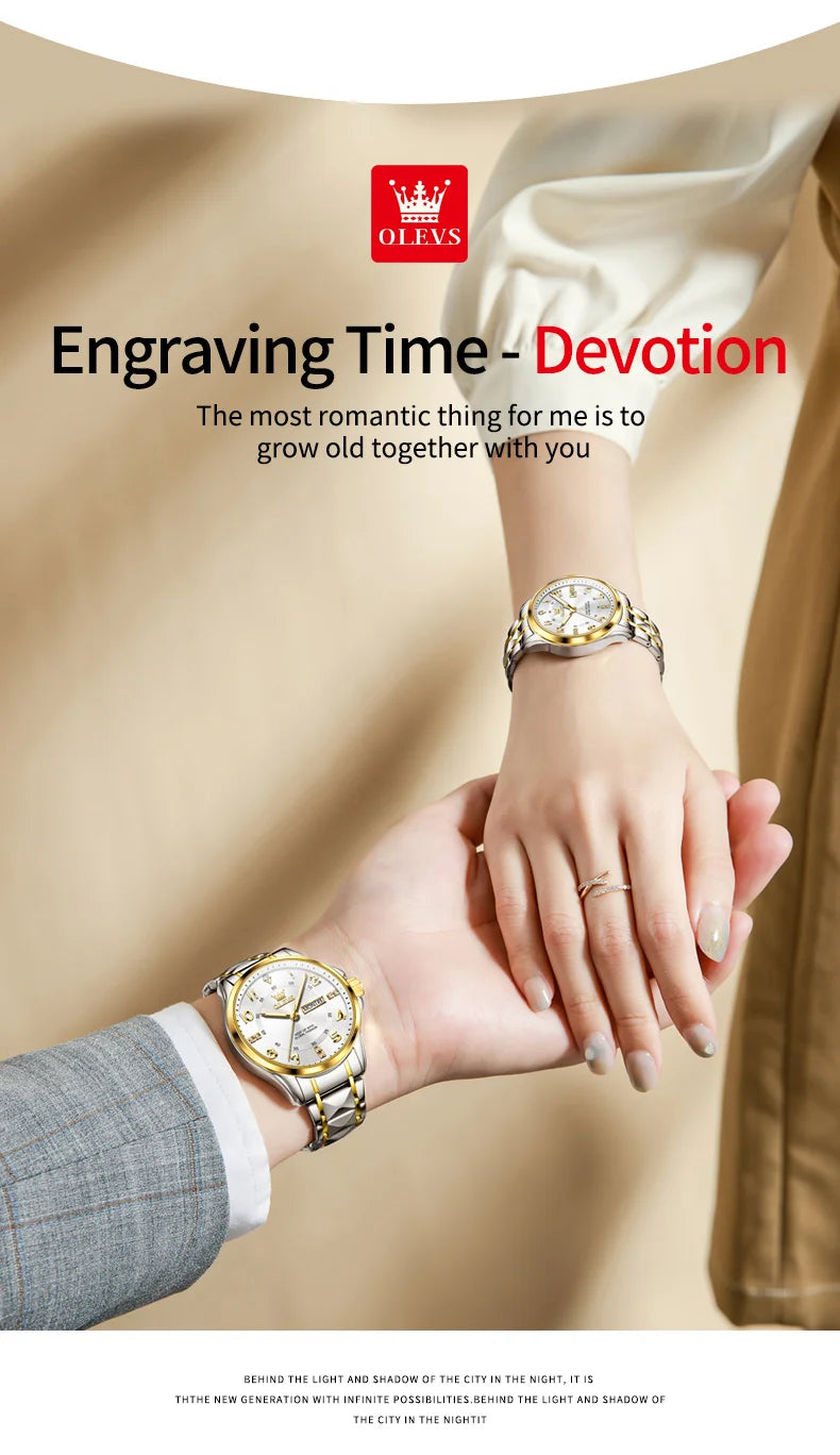 OLEVS 2910 Luxury Men Women Couple Watch Dual Calendar Display Waterproof Stainless Steel Clock Gold Diamond Couple Quartz Watch