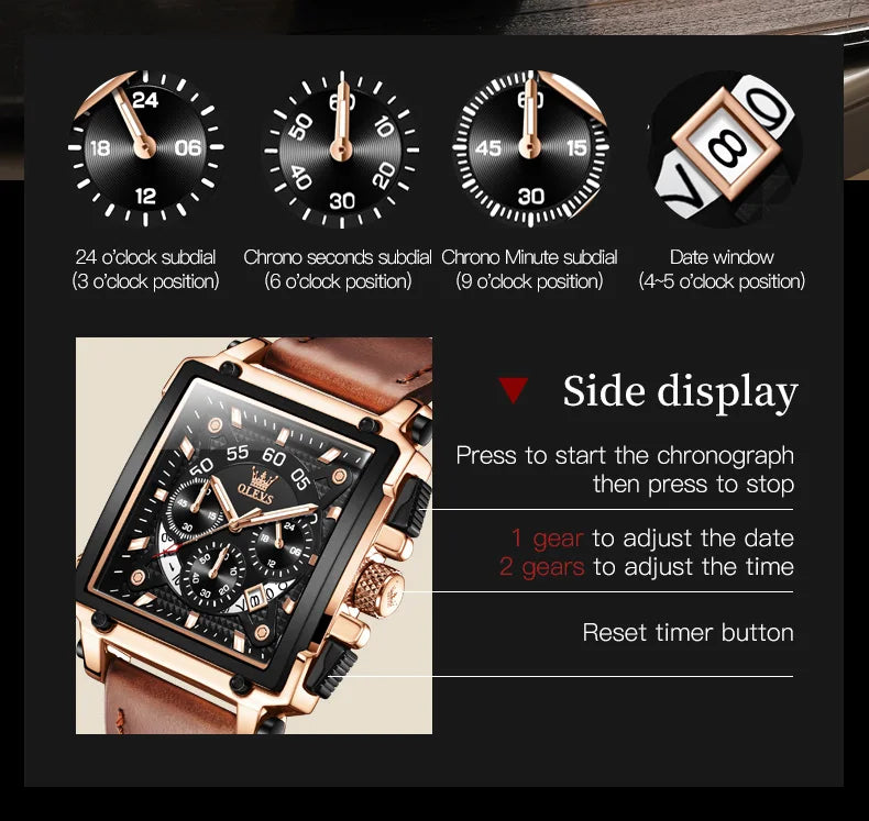 OLEVS Mens Watch Square Quartz Watch Multifunctional Business Watches For Man Waterproof Luminous Box Gift Leather Strap 9919