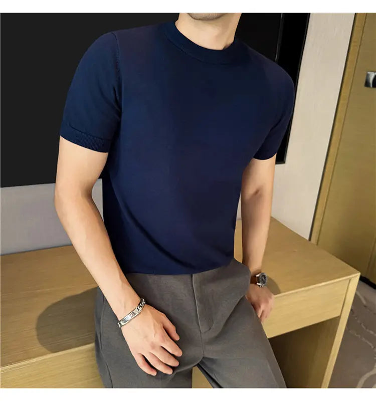 High-quality Men's Short-sleeve Knitted Sweater T-shirt O-Neck Solid Color Men Pullover T Shirts Slim Fit Stretch Undershirt Top