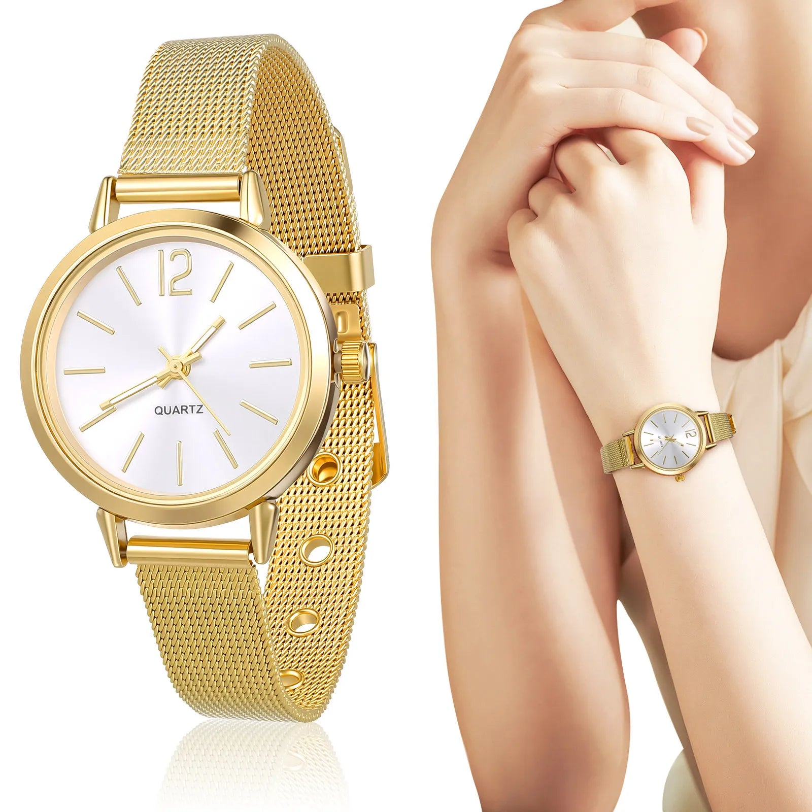 Fashion Women Quartz Watch Alloy Case Golden Mesh Strap Bracelet Wristwatch Classic Gift for Valentine Christmas Mother's
