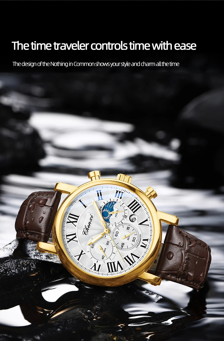CHENXI Multifunction Men's Watches Business Roman Numerals Leather Strap Quartz Man Watch Chronograph Moon Phase Calendar