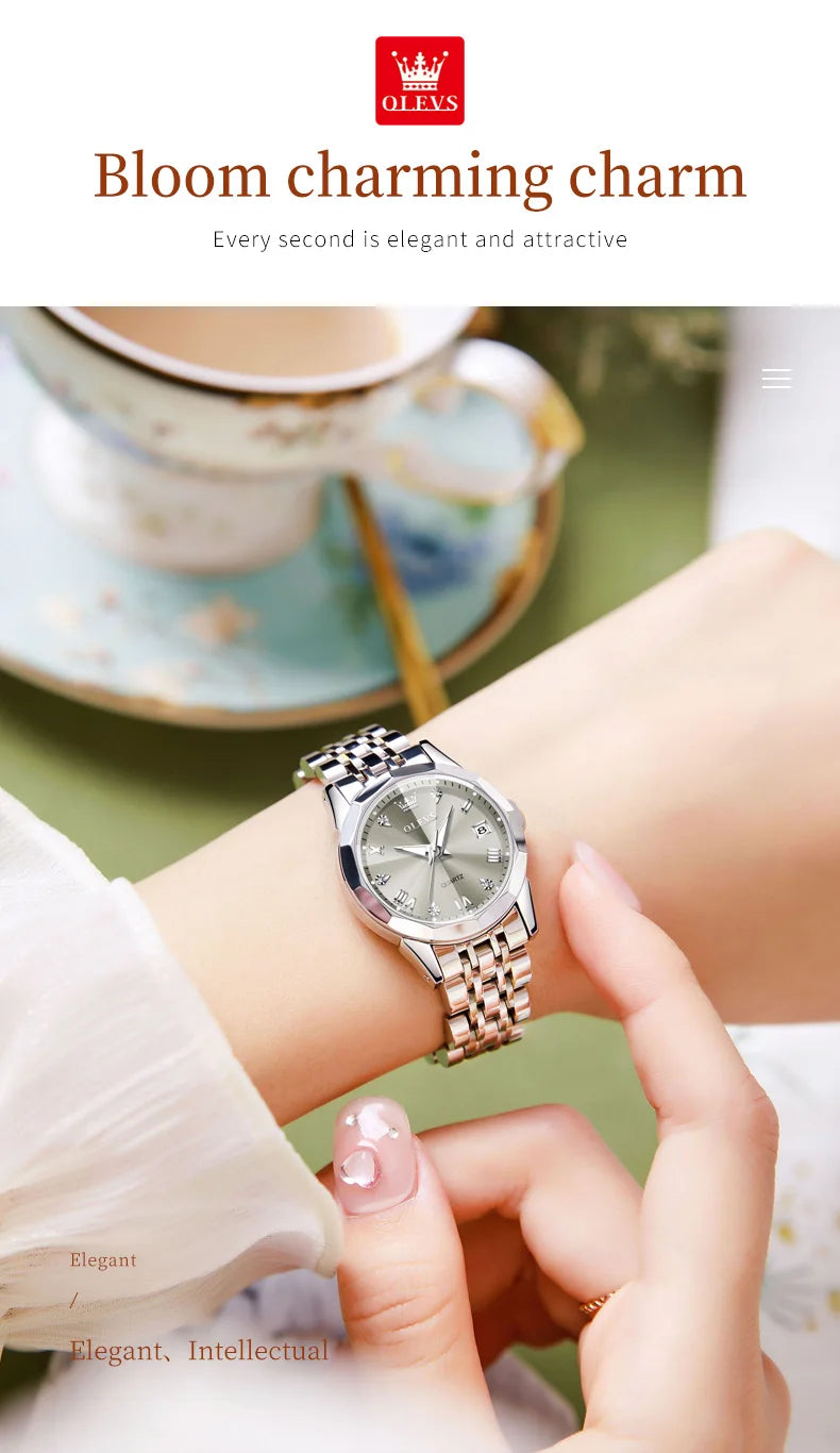 OLEVS 9931 Elegant Fashion Women's Watches Luxury Brand Original Quartz Watch forLadies Waterproof Stainless Steel Luminous Date