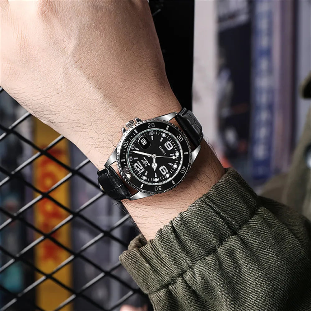 Men Black luxury Brand Sport Calendar Quartz Watch Stylish Silver Stainless Steel Strap Business Men's Clock Wristwatches