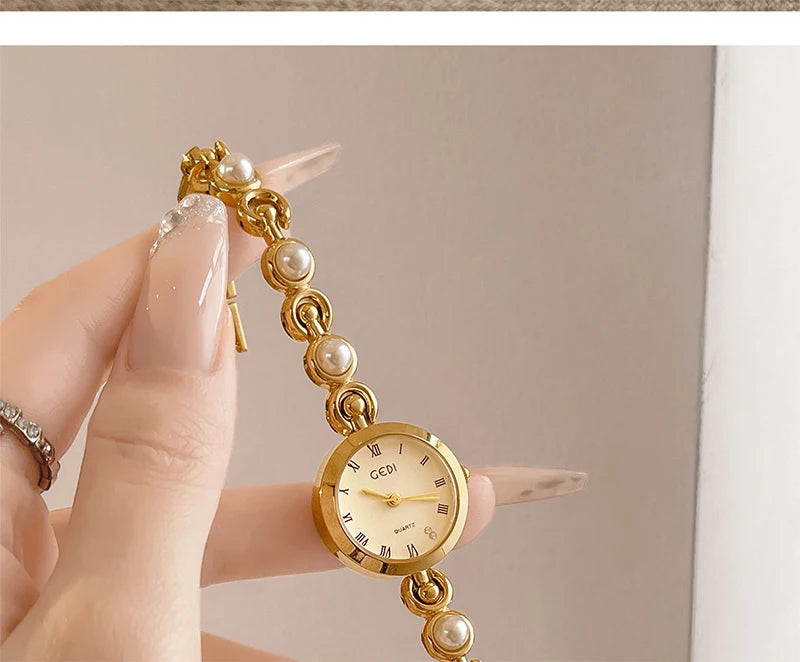 GEDI New Fashion Watch for Women Pearl Chain Temperament Wristwatches Vintage Luxury Elegant Waterproof Quartz Watches Ladies