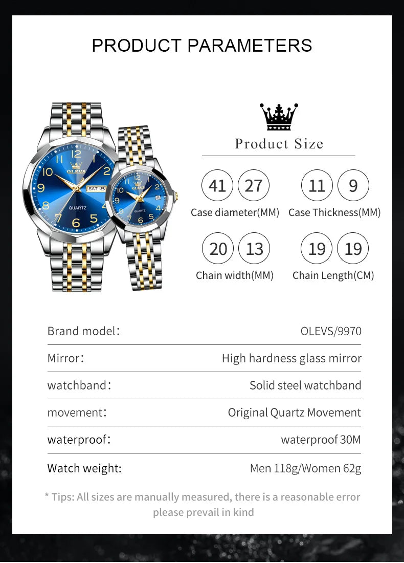 OLEVS 9970 Couple Watch For Men Women Luxury Number Dial Rhombus Mirror Quartz Hand Clock Stainless Steel Original Dress Watches
