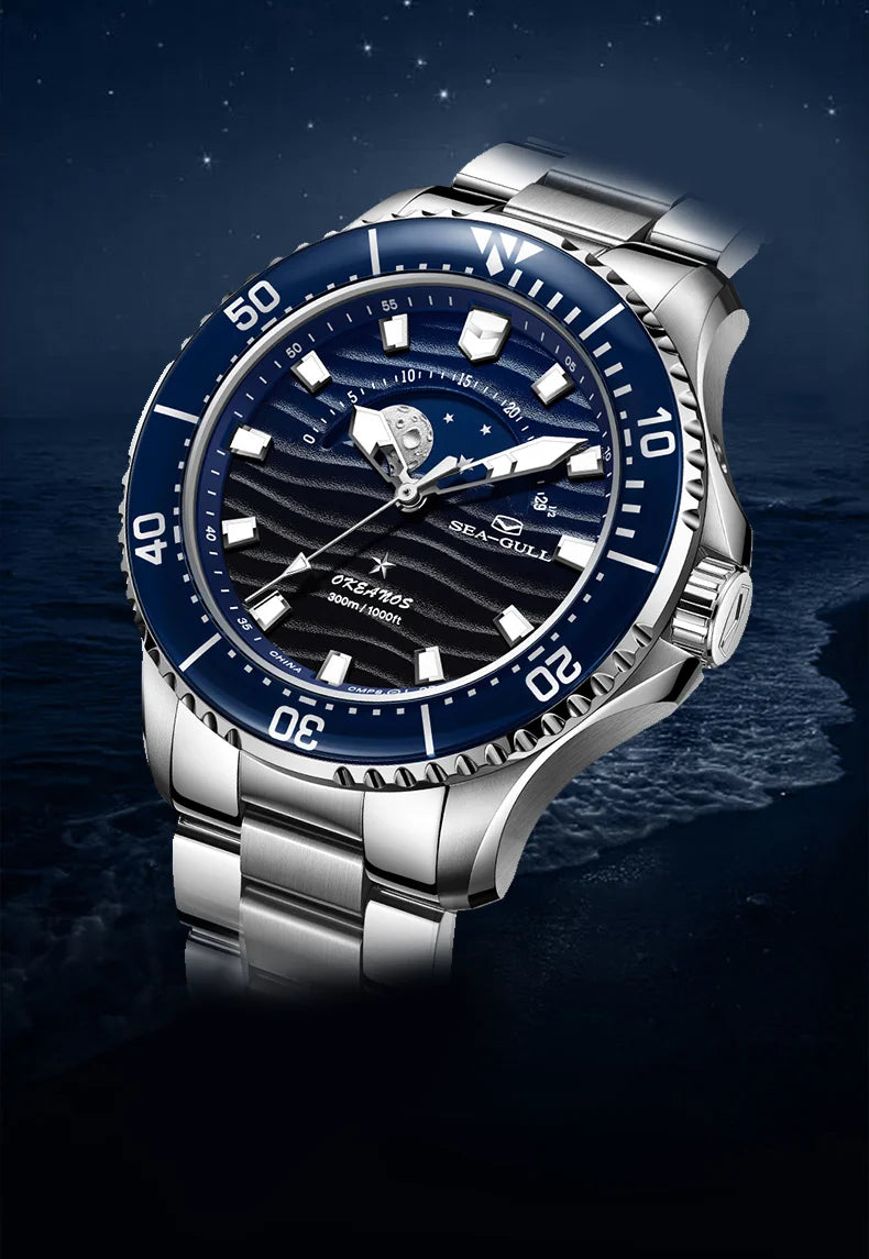 Seagull 43.5mm Diving Watch 300M Waterproof Automatic Mechanical Wristwatch Moon Phase Luminescent Men Watches 1215 New 2025