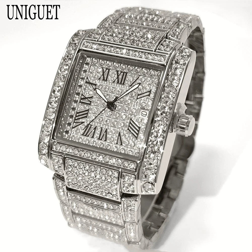 Luxury Brand Mens Silver Stainless Steel Quartz Watch Hip Hop Full Diamond Rectangle AAA Quality Fashion Wristwatch for Men 2025