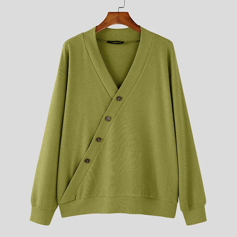 Autumn Stylish Men Tops INCERUN Hot Sale Texture Diagonal Sweater Casual Streetwear Solid V-neck Long Sleeved Sweater S-5XL 2024